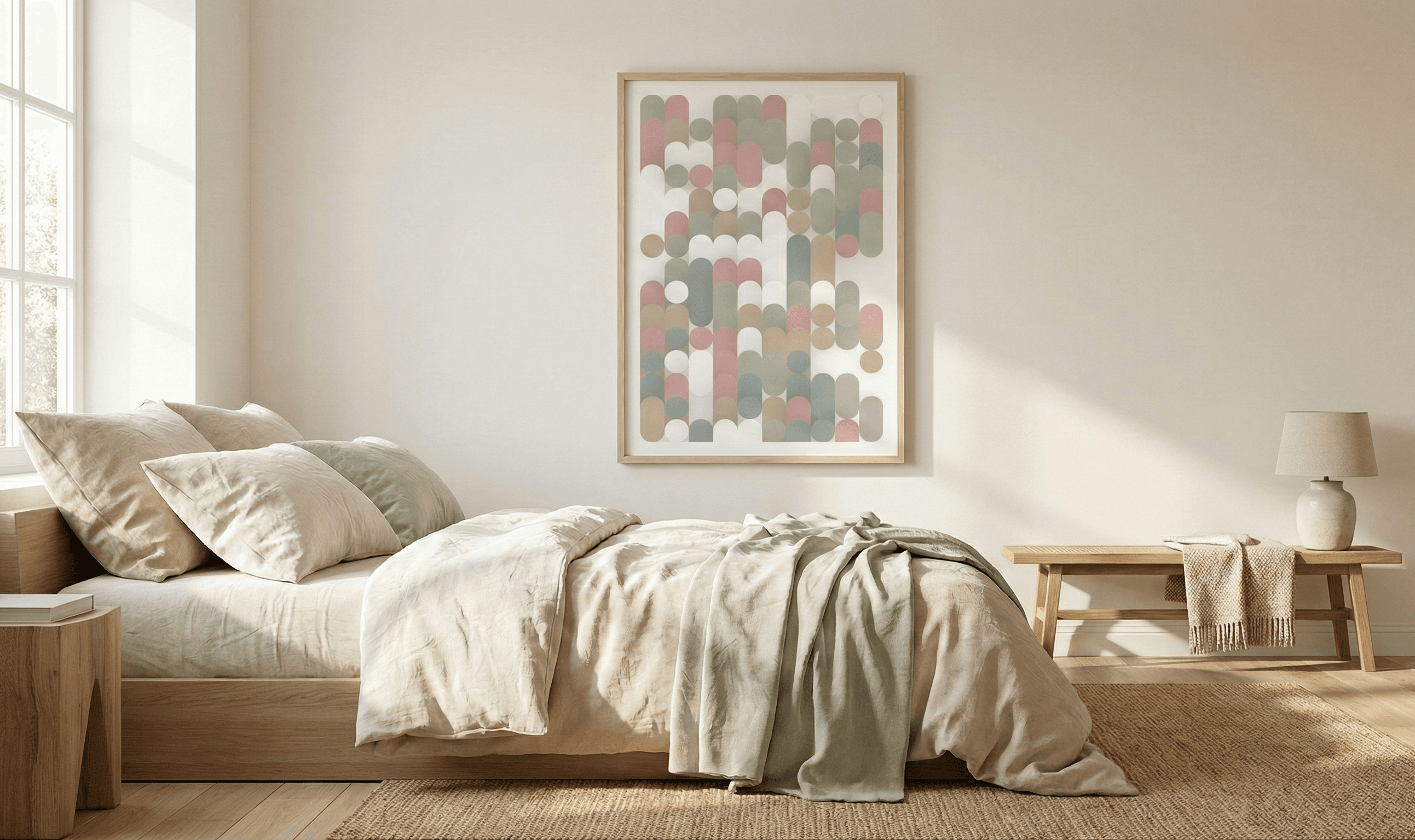 A serene bedroom with wall art